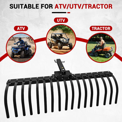 48" Durable Tow Behind Landscape Rake Tractors Rake Fits 2" Receiver for Lawn Tractors or ATV/UTV，Black