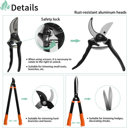 SunnyRoyal 3 pieces Garden Tools Set - Lopper & Pruning Shear & Tree Trimmer Pruner for Lawn Garden Yard Branch Cutting
