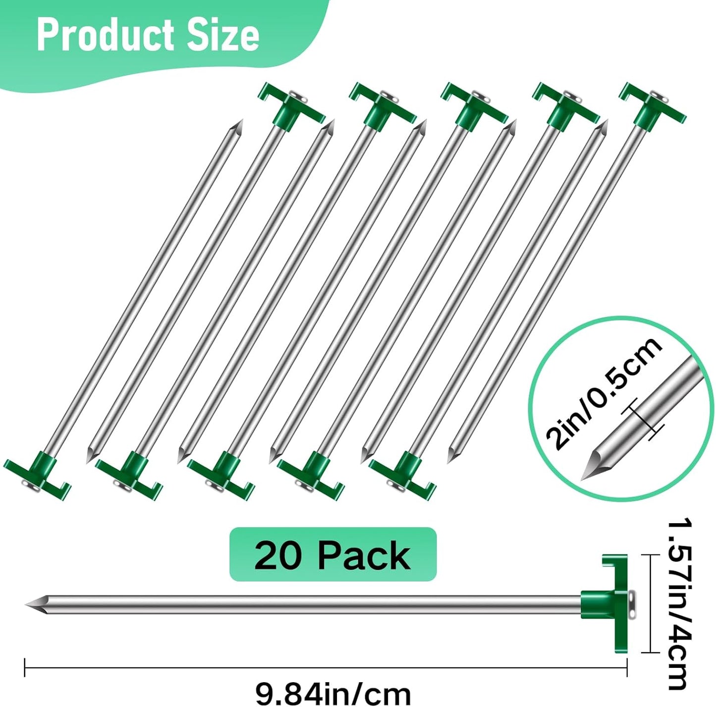 20 Pack Tent Stakes Heavy Duty, 9.84 Inch Rust-Proof Metal Tent Pegs, Ground Stakes Yard Stake for Camping Patio, Garden, Canopy, Grass, Outdoor (Green)