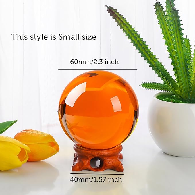 Small Amber Crystal Ball 60mm/2.3 inch with Rose Wooden Stand and Gift Box for lensball Photography,Fortune Teller,Feng Shui, Witchcraft Decor,Scrying,Magic,Crystal Orb Prop Decorative Glass Sphere