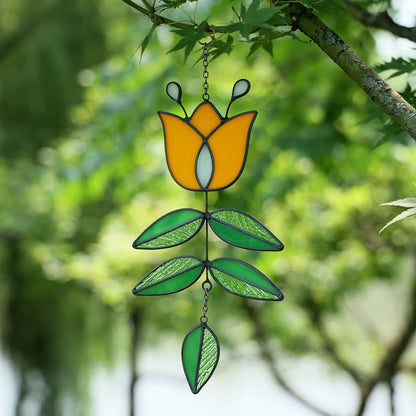 Tulip Stained Glass Suncatcher, Folk Flower Stained Glass Window Hanging Sun Catcher, Retro Home Decor, Handmade Gift for Plant Lovers, 9.4" x 4.7"