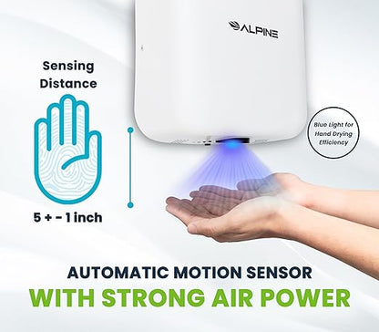 Alpine Automatic Hand Dryers for Bathrooms Commercial High Speed 110-120V Stainless Steel Electric Hand Dryer, Plug In & Hardwire Options with Air Filter, ADA & UL Compliant & 5 Years Coverage (White)