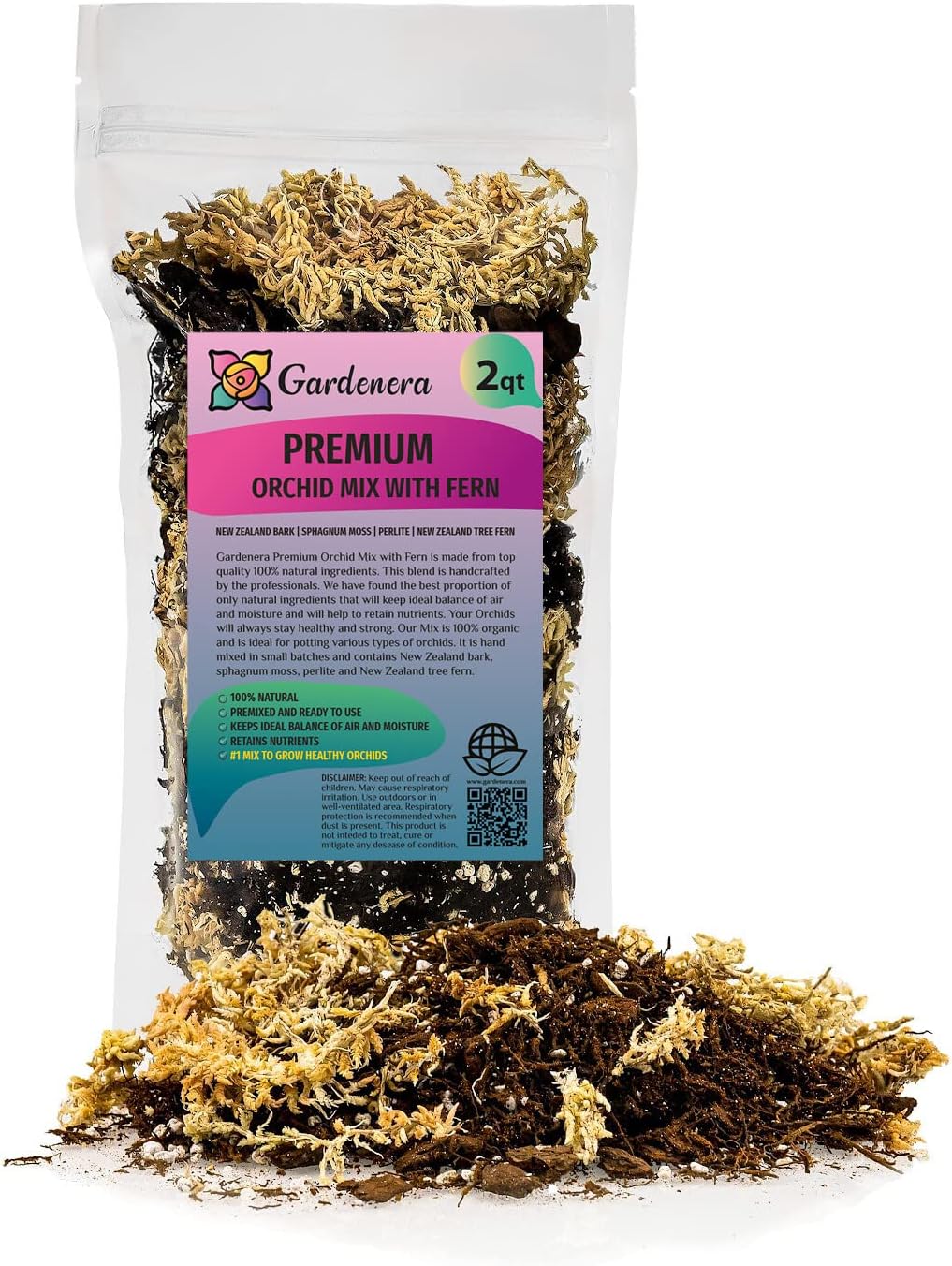 Gardenera Premium Orchid Mix by GARDENERA | Fern + New Zealand Pine Bark + Sphagnum Moss + Perlite | Best for Growing and Repotting Orchids - 2 Quart Bag
