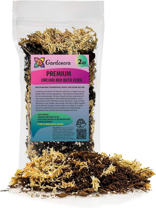 Gardenera Premium Orchid Mix by GARDENERA | Fern + New Zealand Pine Bark + Sphagnum Moss + Perlite | Best for Growing and Repotting Orchids - 2 Quart Bag