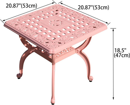 Cast Aluminum Outdoor Side Table,Small Patio Table,Outdoor Coffee Tables for Patio,Garden,Balcony, for All Weather (Pink, Square)