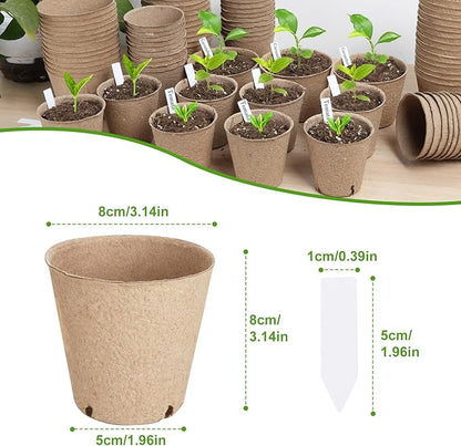 132 Pack Organic Peat Pots, 3.15 Inch Nursery Pot, Round Plant Seedling Pots with Drainage Holes, Small Seed Starting Starter Tray Bulk, Garden Germination Container with 132 Planting Labels(8 cm)