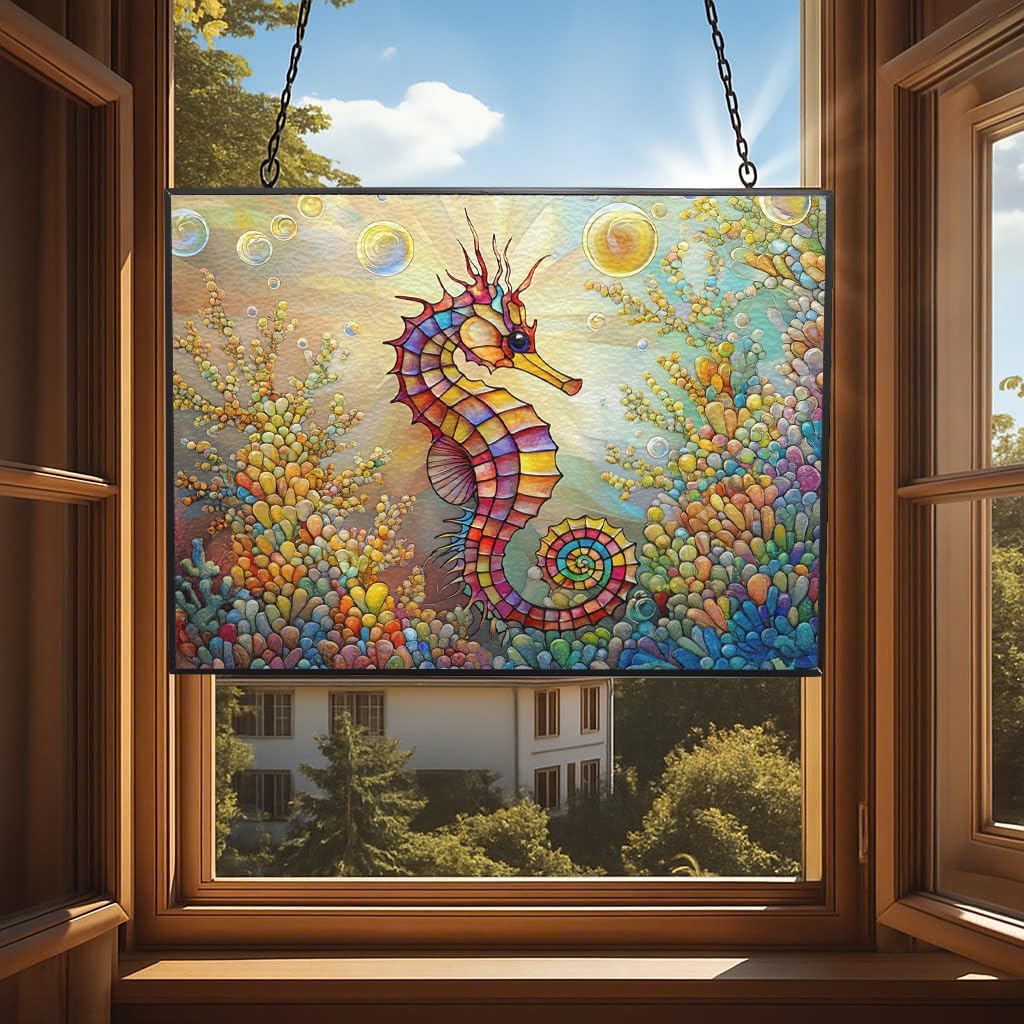Personalized Rectangle Rainbow Seahorse Suncatcher Stained Glass Stained Glass Window Hanging Home Decor Garden Halloween Christmas Wedding Housewarming Gifts