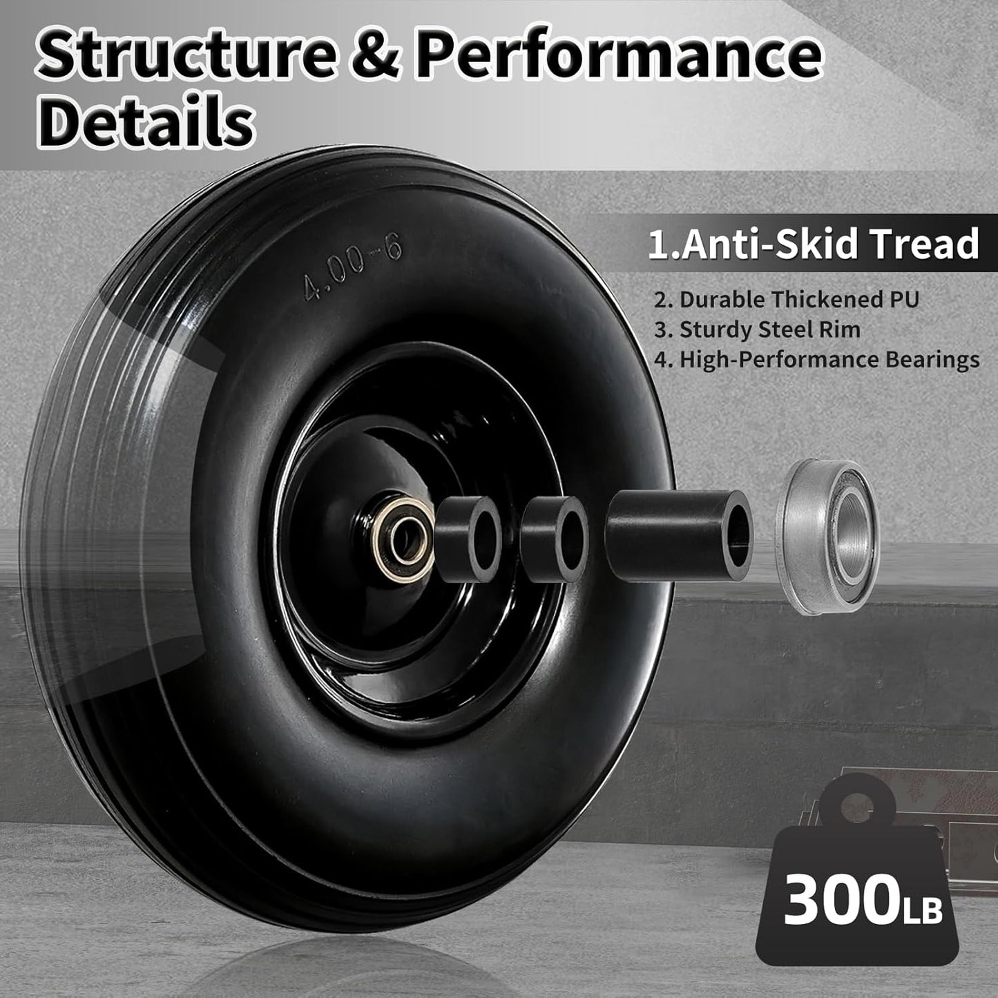 13 Inch Solid Tire Wheel - Replacement 4.00-6" Flat Free Heavy Duty Wheel with 5/8", 3/4" Bearings, 1.75" Center Hub - Fits Garden Cart, Wheelbarrow, Dolly, Hand Truck, Trailer, Utility Wagon, 2 Pcs