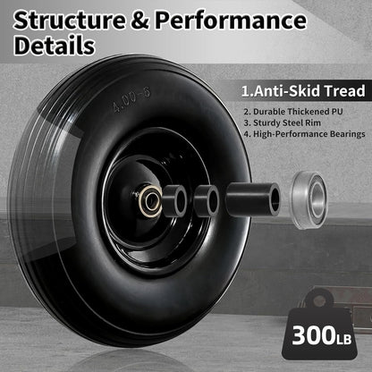 Wheelbarrow Wheel 13 Inch Flat Free 4.00-6 Solid Tire, Replacement Heavy Duty, with 5/8" and 3/4" Bearings 1.75" Center Hub, fits Garden Cart, Dolly, Hand Truck, Trailer, Utility Wagon, 1 Pcs