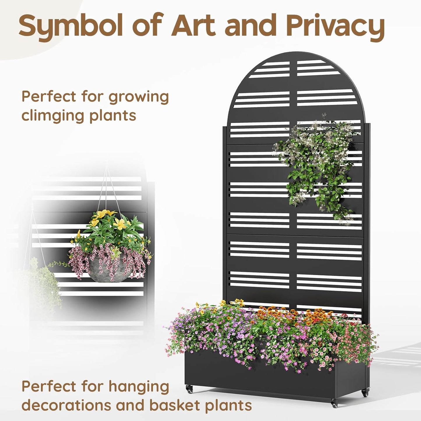 Metal Raised Garden Bed with Trellis & Wheels,72" x 35"x 15.7" Planter Box with Trellis,Privacy Planters for Patio,Garden Bed for Climbing Plants,Suitable for Climbing Plants and Vegetables,Black
