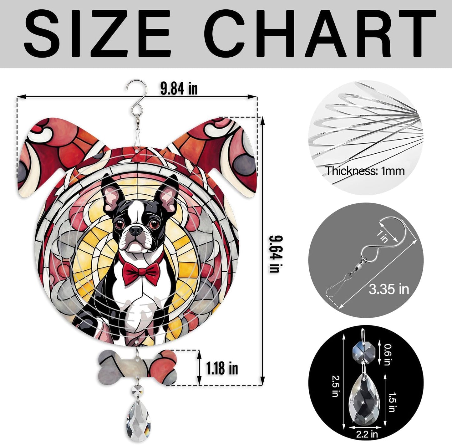 Boston Terrier Dog Ears Wind Spinner, Boston Terrier Wind Spinner Hanging for Yard and Garden V02