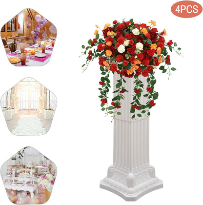 Roman Column Pedestal, Plastic White Columns for Weddings Indoor/Outdoor Roman Pillar Stand for Table Sculptures, Vase, Garden Decor (4PCS, 11.8 x 35.4 Ihch Square)