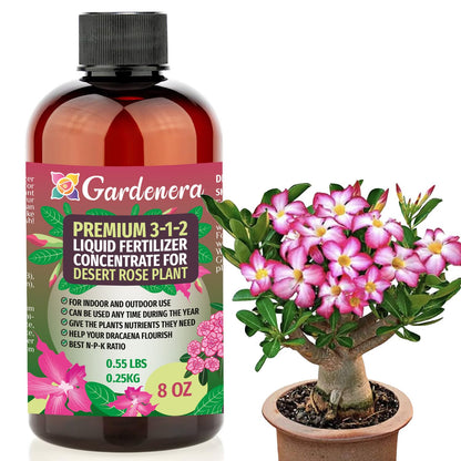 Premium Liquid Desert Rose Plant Fertilizer - 3-1-2 Concentrate for Indoor Plants and Flowers by Gardenera | Organic Plant Food for Desert Roses - 8oz