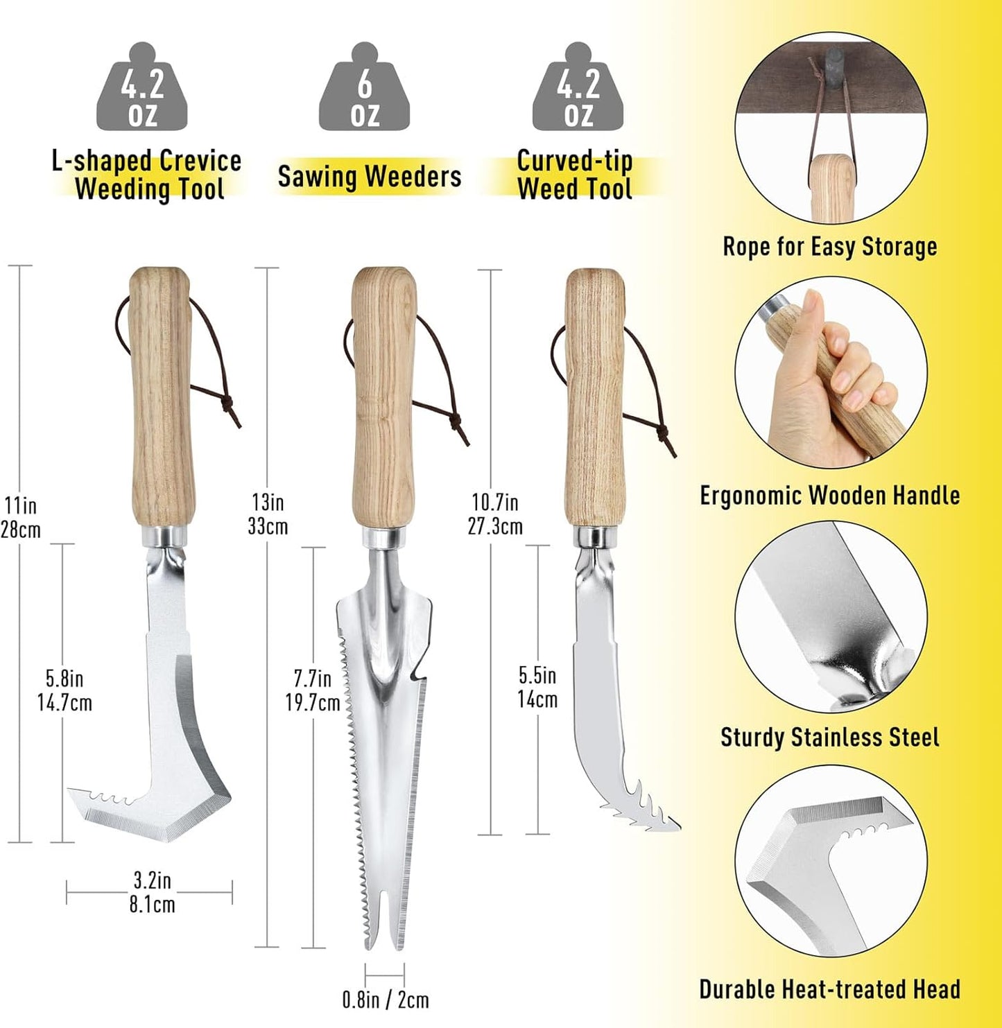 Jardineer Weed Puller Tools Set, 3 Pack Hand Crack Weeder, Stainless Heat Treated Steel Weed Root Remover with Ergonomic Handle, Multi-Purpose Weeding Tools for Lawn Garden Patio & Yard