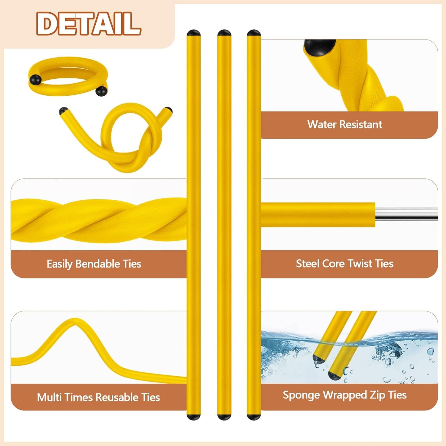 20 Pcs 17 Inch EVA Foam Twist Rubber Ties Reusable Bendable Cable Tie Straps Flexible Heavy Duty Twisty Ties for Organizing Cords Bundling (Yellow)