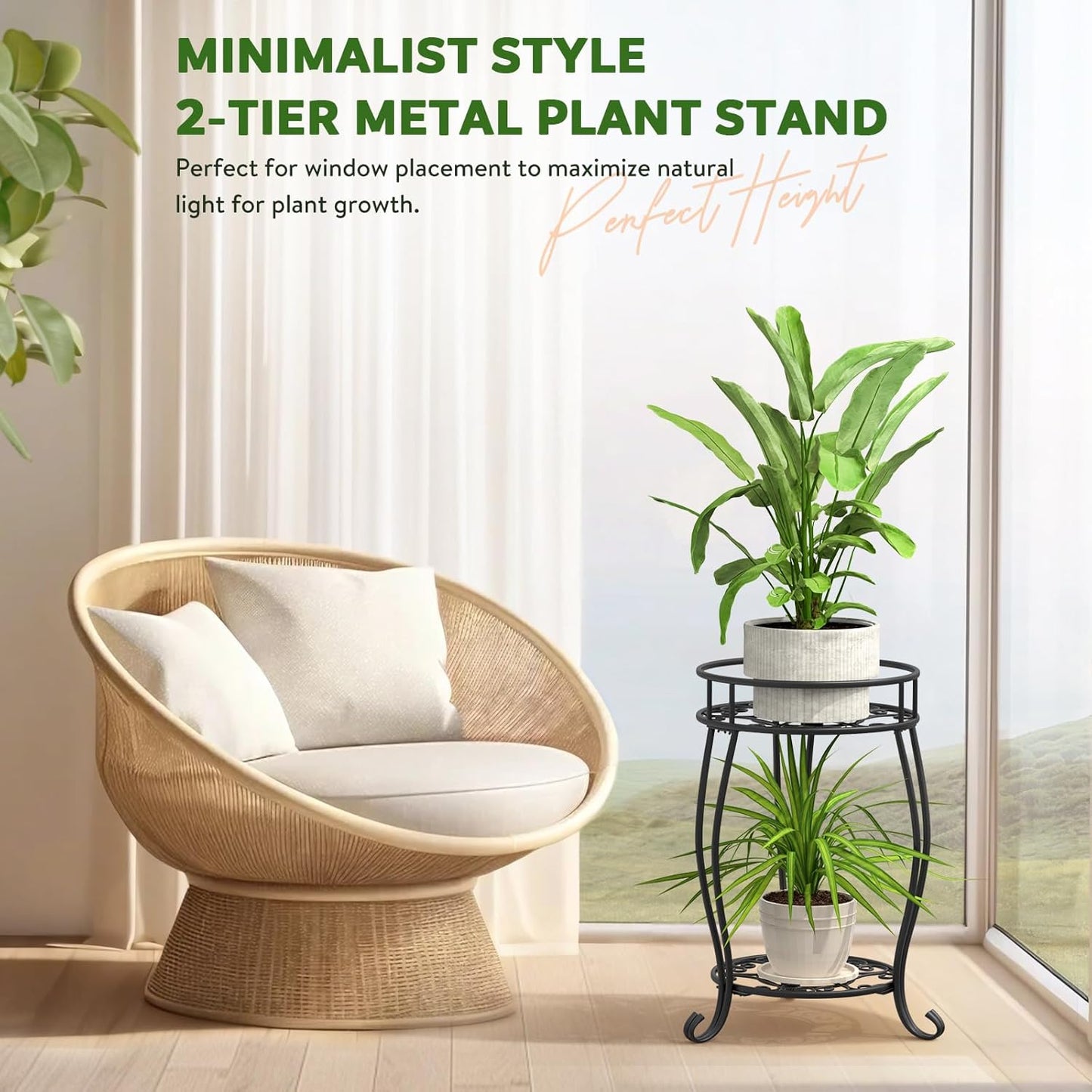 2 Tier Metal Plant Stand Indoor Outdoor , Rustproof Stable Plant Stands Multiple Plant Rack Holder Flower Pot Stand for Living Room Balcony Garden Patio Bedroom (Black, 19.5)