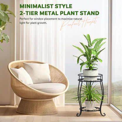 2 Tier Metal Plant Stand Indoor Outdoor , Rustproof Stable Plant Stands Multiple Plant Rack Holder Flower Pot Stand for Living Room Balcony Garden Patio Bedroom (Black, 19.5)