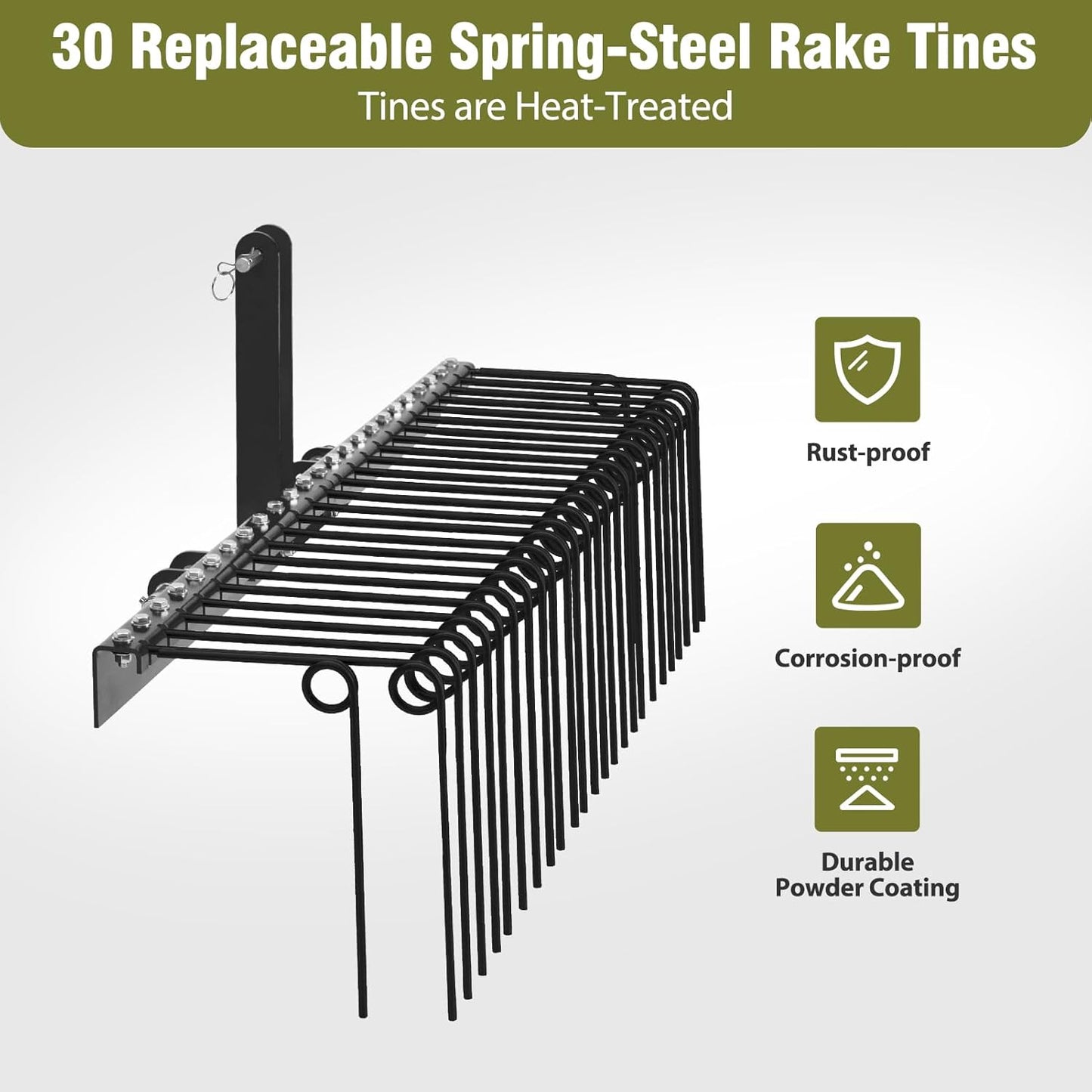 GAOMON 72 Inch Pine Straw Rake, 30 Coil Spring Tines Durable Powder Coated Steel Tow Behind Landscape Rake with 3 Point Hitch Receiver Attachment Fit to Cat0 Cat 1 Tractors for Leaves Grass, Black