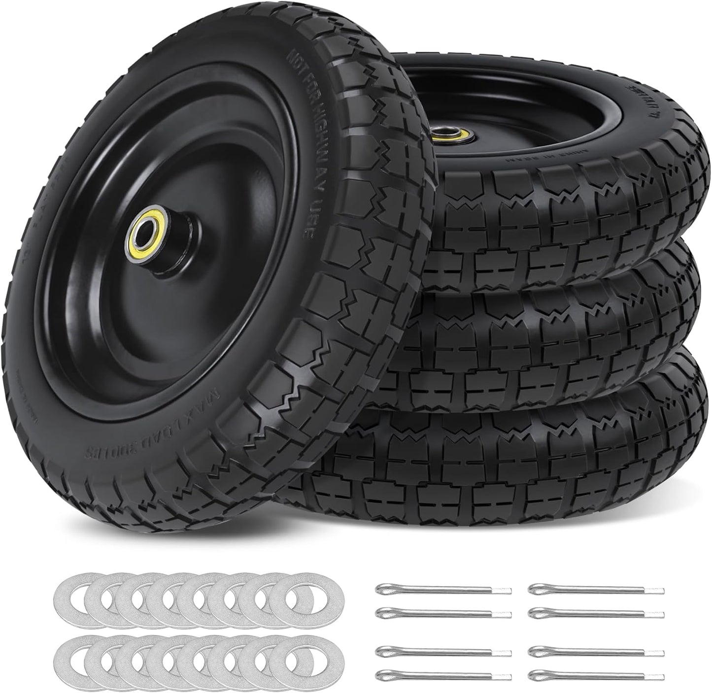 13 Inch Flat Free Wheels Tires 4.00-6 Solid Replacement with Universal 5/8" Axle Bore Hole, 16 Spacers and 8 Pins, for Wheelbarrow, Garden Wagon, Hand Truck, Trolley, Lawn Mower, 4 Pack