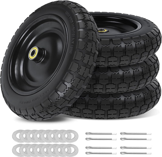 13 Inch Flat Free Wheels Tires 4.00-6 Solid Replacement with Universal 5/8" Axle Bore Hole, 16 Spacers and 8 Pins, for Wheelbarrow, Garden Wagon, Hand Truck, Trolley, Lawn Mower, 4 Pack