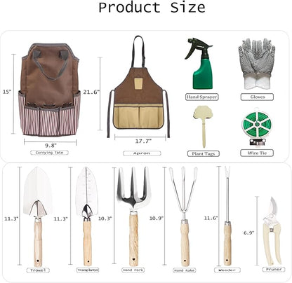 Garden Tool Set, Beswill 12 Pieces Heavy Duty Gardening Hand Tools with Garden Tools Organizer Handbag, Apron, Rust-Proof Stainless Steel Gardening Kit, Wood Handle, Ideal Garden Gifts for Women Men