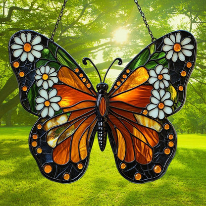 Floral Monarch Acrylic Suncatcher Stained Glass Effect Window Car Hanging Christmas Ornament Indoor Outdoor Decor Garden Sun Catcher Panel for Butterfly Lover for Women Mom Grandma