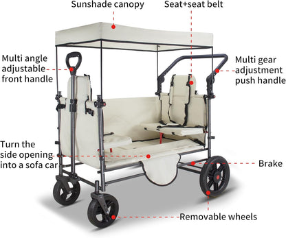 TMZ Collapsible Wagon Cart with Side-Opening Seat Conversion Design, Foldable Utility Wagon with 2 Seats, Heavy Duty Wagon 265 lbs Load Capacity (Beige)