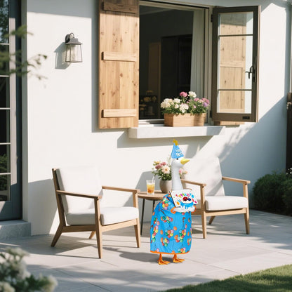 4PCS Porch Goose Birthday Outfit - Happy Birthday Goose Clothes for 23'' High Cement or Plastic Lawn Goose, Goose Dress with Hat and Sign, Garden Silly Porch Duck Costum Blue