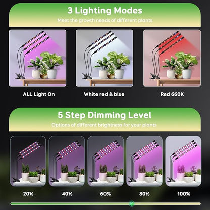 Tri-Heads Grow Lights for Indoor Plants, Full Spectrum with Adjustable 360 Gooseneck, 6/12/18H Timer & Dimming