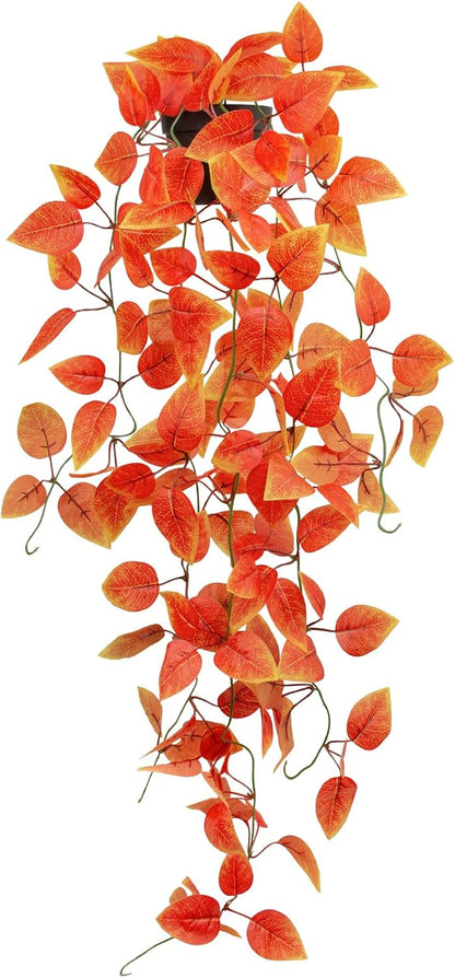 Fake Fall Plants Hanging Faux Orange Vines Artificial Potted Pothos Plant- Fall Decorations Autumn Decor for Thanksgiving Bathroom Wall Kitchen Room Decor Indoor and Outdoor (Black Pot Include)