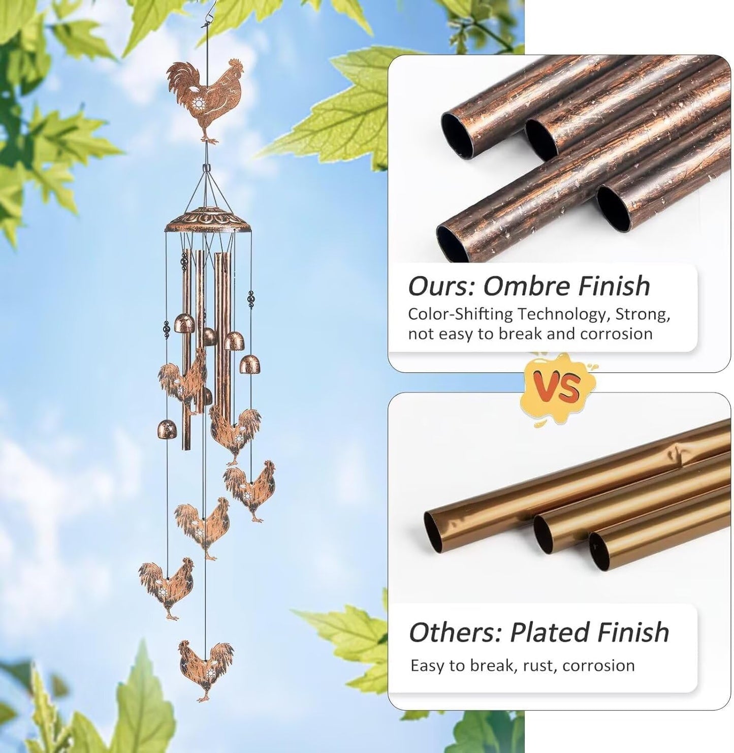 Chicken Wind Chimes for Outside,Gardening Gifts for Chicken Lover，Women，Men，Mom，Birthday Party Decorations,Memorial Gifts,Wind Chimes Outdoors，Indoors，Room，Home，Garden，Patio,Yard,Rooster Decor