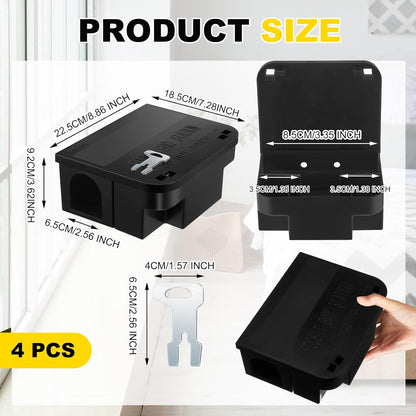 Qualirey 4 Pcs Rat Bait Station 8.86 x 7.28 x 3.62 Inches Rat Traps with Openable Lid, Blocks Boxes with Keys for Big Mouse, Keeps Children and Pets Safe Indoor & Outdoor, Bait Not Included (Black)
