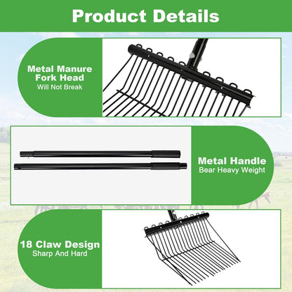 lukar 2 Sets Metal Manure Fork with Long Metal Handle, 18 Tines Manure Fork Head Horse Manure Rake, Heavy Duty Gardening Muck Rake for Picking Up Manure, Grass and Hay