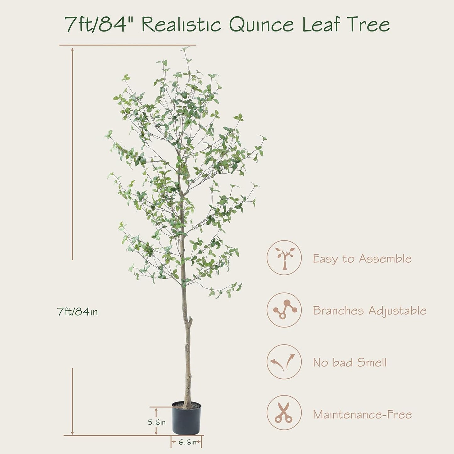 Bellacat 7ft Faux Quince Leaf Tree with Lifelike Leaves & Realistic Trunks, 84in Artificial Quince Leaf Tree for Garden, Home, Office, Porch, Balcony Decor.
