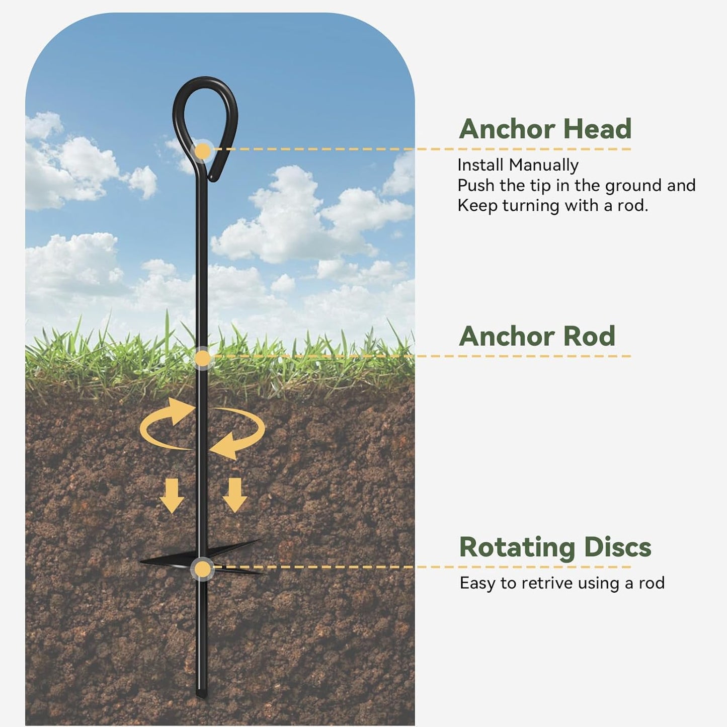 Aoxun 18'' Heavy Duty Ground Anchors Screw in Tent Stakes, with 3" Spiral Blade,Nylon Rope and Spring Clasps for Camping Tent, Canopies, Carports, Sheds, Swing Sets, Canopy Kit, 4 Pack