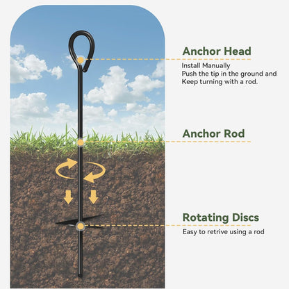 Aoxun 18'' Heavy Duty Ground Anchors Screw in Tent Stakes, with 3" Spiral Blade,Nylon Rope and Spring Clasps for Camping Tent, Canopies, Carports, Sheds, Swing Sets, Canopy Kit, 4 Pack