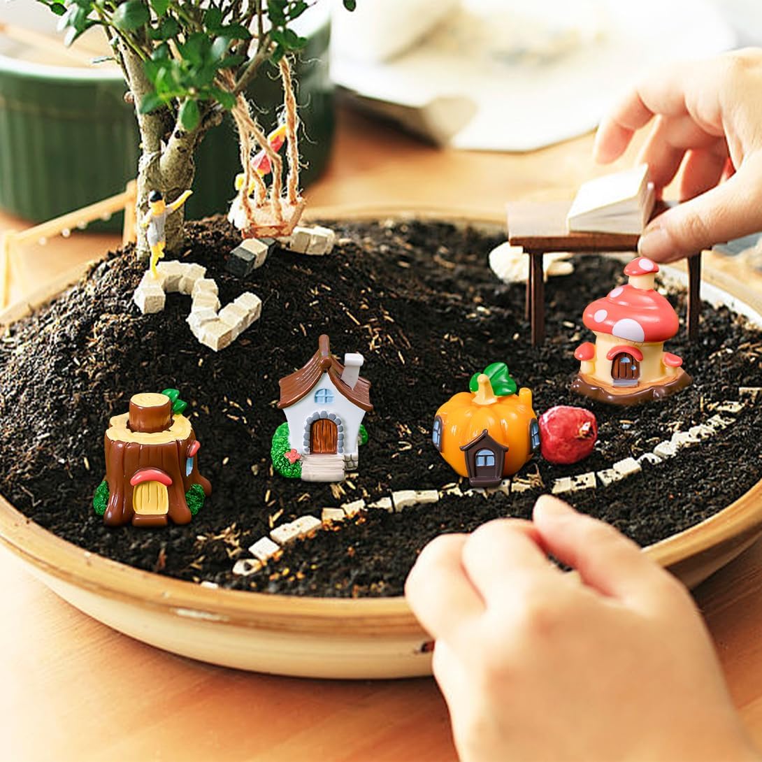 4 PCS Mini House Figurines, Miniature Village Hut Figurine, Fairy Garden Cottage Micro Landscape Ornaments Accessories for Bonsai, Succulent Planting, Flower Pots (4pcs)