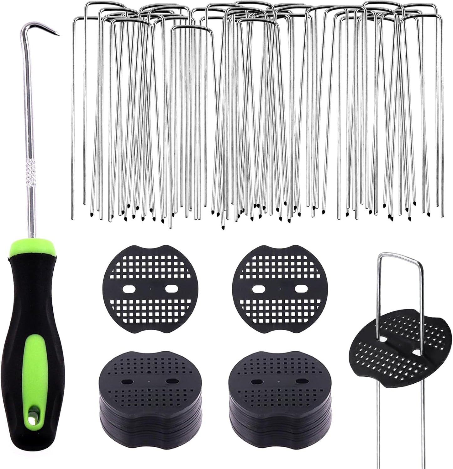 Swpeet 101Pcs U-Shaped Landscape Garden Stakes Staples and Plastic Fixing Gasket with Pick Hook Assortment Kit, Garden Lawn Landscape Staples for Irrigation Hoses, Fixed Fences, Artificial Turf Nails