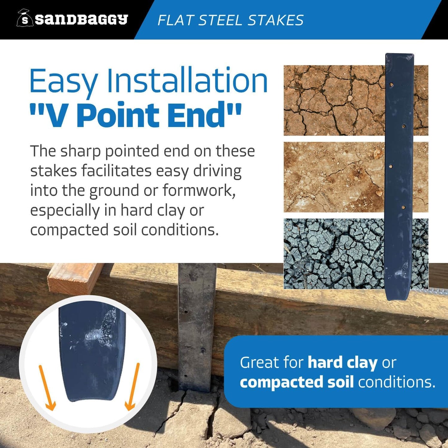Sandbaggy Flat Steel Stakes for Concrete Forms with Nail Holes - 1.5" Wide - Painted - Removable, Reusable, V Point End - Construction Grade Stakes (5, 12 inch)