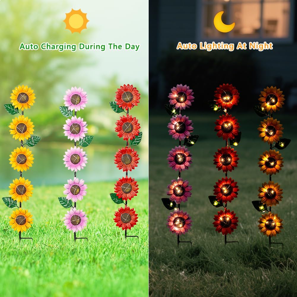 Solar Garden Stakes Lights,3 Pack Metal Sunflowers for Outside,Waterproof Solar Decorative Garden Stakes,Metal Spring Yard Art Decor Lights for Patio Pathway Backyard Porch Lawn(22.6 * 4.7IN)