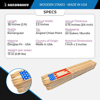 Sandbaggy 3 Ft Wood Stakes (1" X 3" X 36") - Made in The USA - 3" Extra Wide Stakes for Concrete Forms, Garden, Yard, Grading, Survey, Plants, Signs (Douglas Fir Wood, 2500)