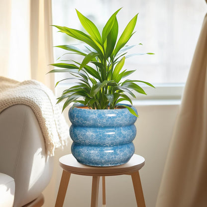 SQOWL 8 Inch Plant Pot with Drainage Hole - Ceramic Pot for Plants Outdoor Planter for Indoor Plants Decorative Plant Pot Medium Flower Pot Round Planter for Bathroom House Decor Blue