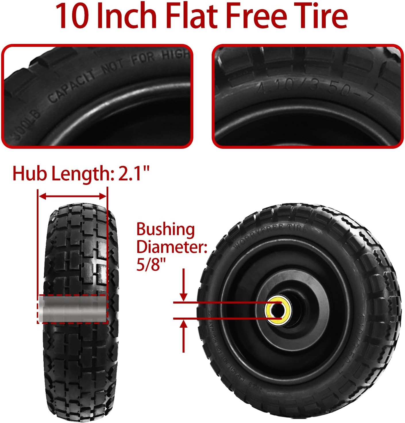 10" Solid Tires (4-Pack) - 4.10/3.50-4 Flat-Free Replacement Wheels for Gorilla Carts, Wheelbarrows, Garden Carts & Utility Wagons - 5/8" Axle Bore 2.1" Hub