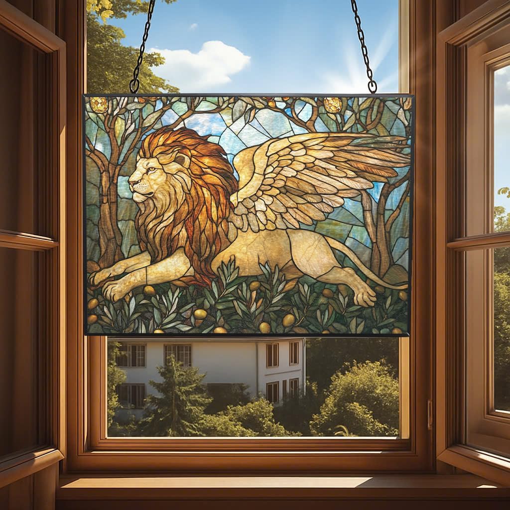 Personalized Rectangle Art Nouveau Olive Angel Lion Stained Glass Suncatcher Window Hanging, Gothic Christmas Ornaments for Fiction Lovers, Dinosaur Room Decor for Nursery New Home Gifts