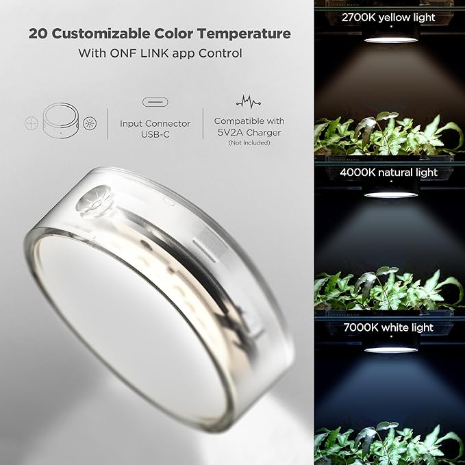ONF Mist O+ App Controlled Via Bluetooth Magnetic Full Spectrum Colorfull LED Indoor Plant Light, Puck Grow Light 4 Level dimmable 3 Color Temperature, Clear