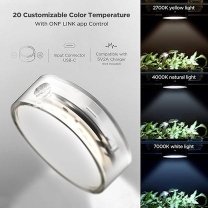 ONF Mist O+ App Controlled Via Bluetooth Magnetic Full Spectrum Colorfull LED Indoor Plant Light, Puck Grow Light 4 Level dimmable 3 Color Temperature, Clear