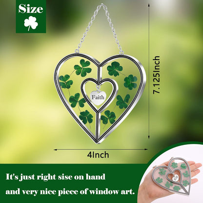 KY&BOSAM Shamrock Heart Suncatcher Grandma Gift Stained Glass Suncatcher for Window Hanging Wind Chime with Pressed Flower Heart Faith Birthday Gift for Women St Patrick's Day Decor Irish