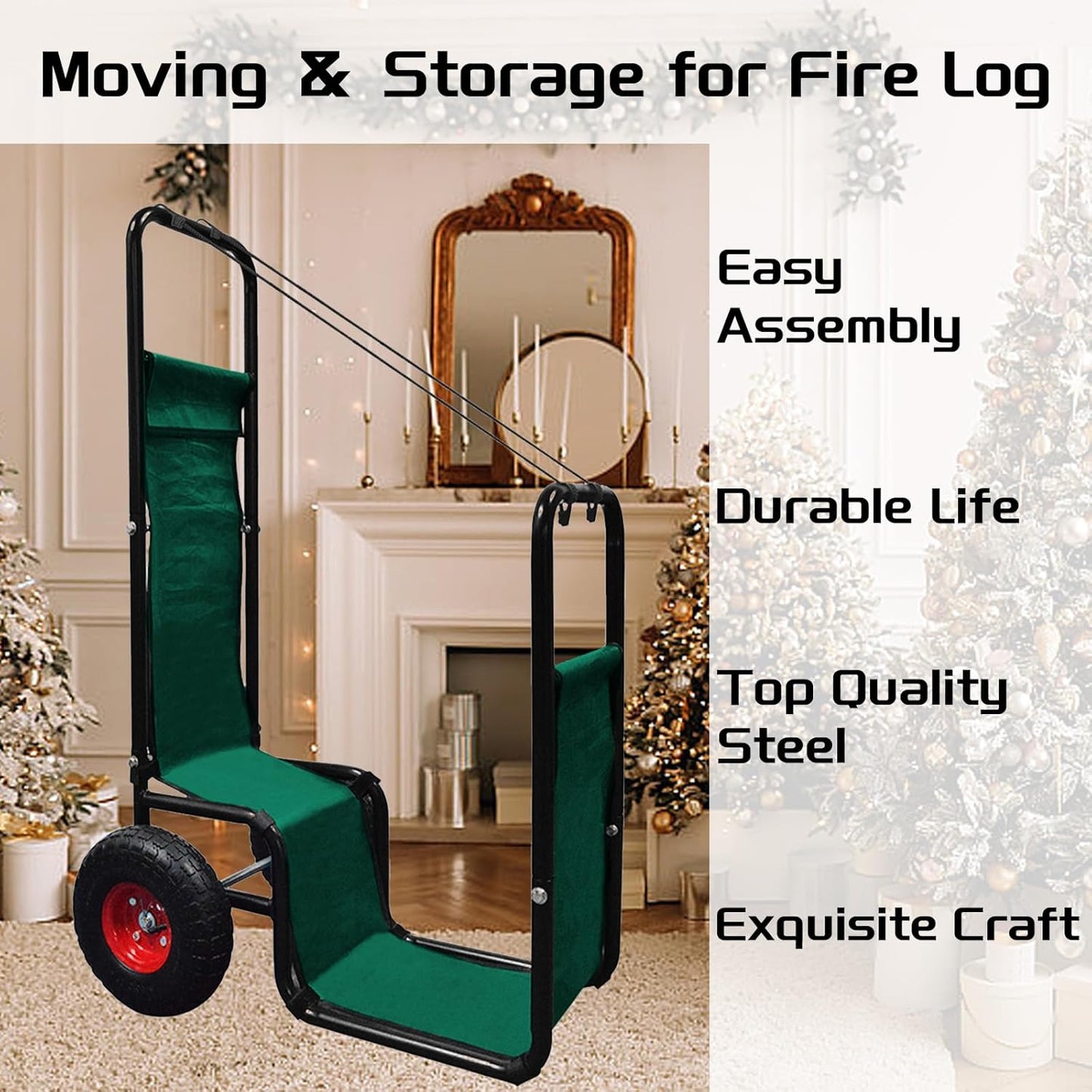 Firewood Cart: 44 X 27 X 20 in Heavy Duty 220 lbs Load Capacity Waterproof Easy Assembly Rack for Indoor Garden Backyard Fireplace Men Women Use with Pneumatic Rubber Wheels