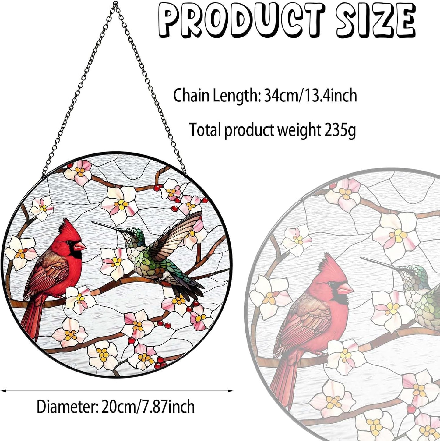 Cardinal&Hummingbird Stained Glass Window Hanging Birds Sun Catcher Cardinal Lover Gifts for Women Christmas Lovebirds Suncatchers for Garden Home Windows Hanging Decoration, 7.87inch