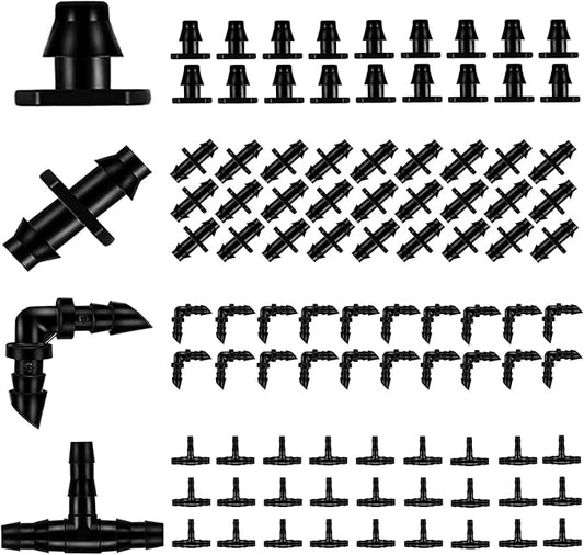 BEADNOVA Drip Irrigation Parts 80 Pcs Mix 1/4 Inch Barbed Tee Elbow Straight Couplings End Plugs Drip Irrigation Fittings Drip Line Connectors for 1/4 Inch Irrigation Tubing Garden Watering System